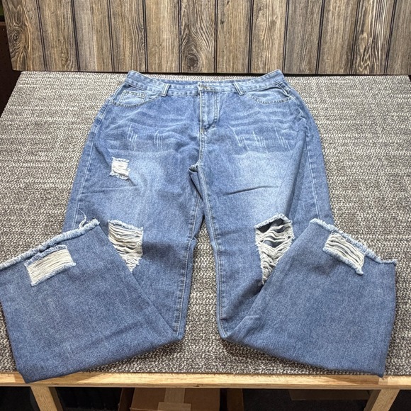 Unbranded Denim - Unbranded Distressed Wide Leg Jeans Womens XL Medium Wash Ripped Frayed Hem